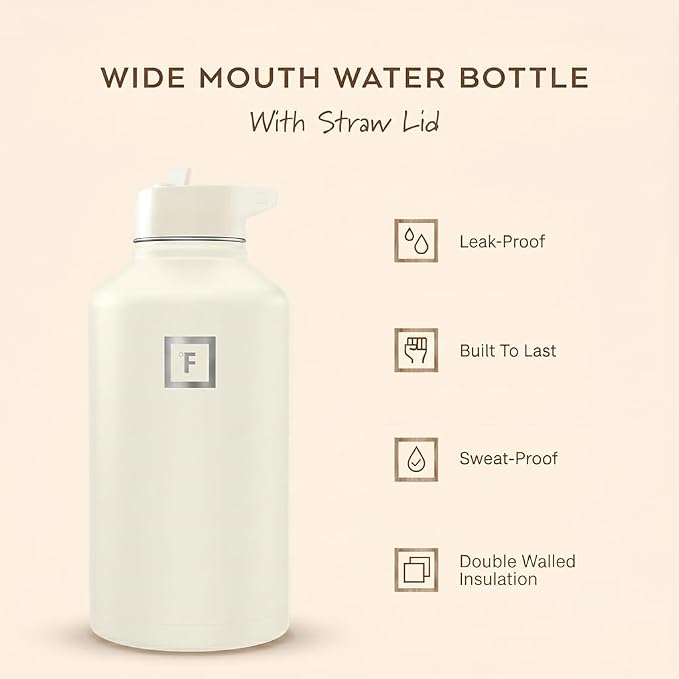 IRON °FLASK 64 oz Wide Mouth Water Bottle with Straw | Insulated Half Gallon Water Bottle with Leakproof Straw Lid - BPA Free, Cold 24 Hrs, Sweat Free (Cashmere Cream)