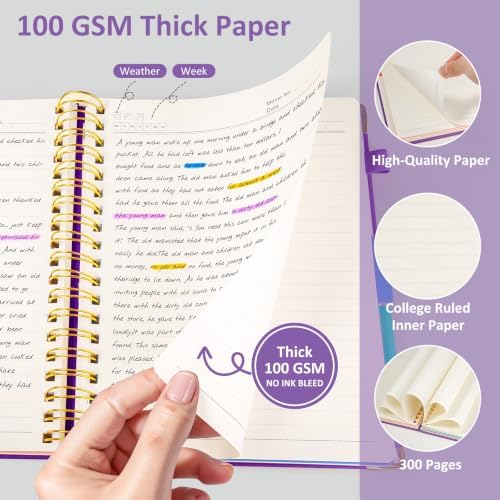 Hardcover Spiral Notebook Journal, 8"x10" Large B5 Notebooks with Removable Dividers Tabs, 300 Pages Leather 5 Subject Notebook College Ruled, Lined Journal for Women Work School Note, Dark Purple