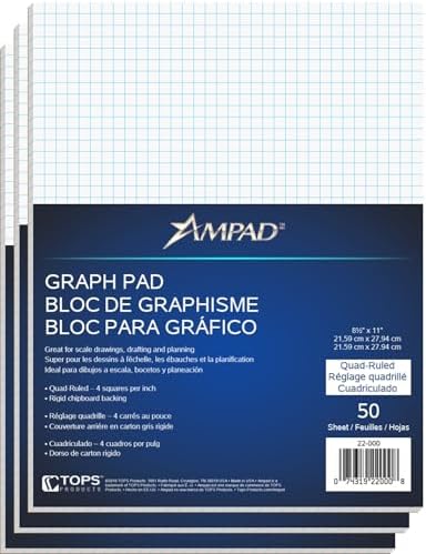 Ampad Quadrille Graph Paper Pad, 4x4 Quad Ruled, 8.5 x 11, 3 Pads