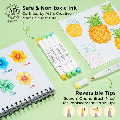 Ohuhu Alcohol Markers Brush& Fine 24 Colors for Adults Coloring Refillable