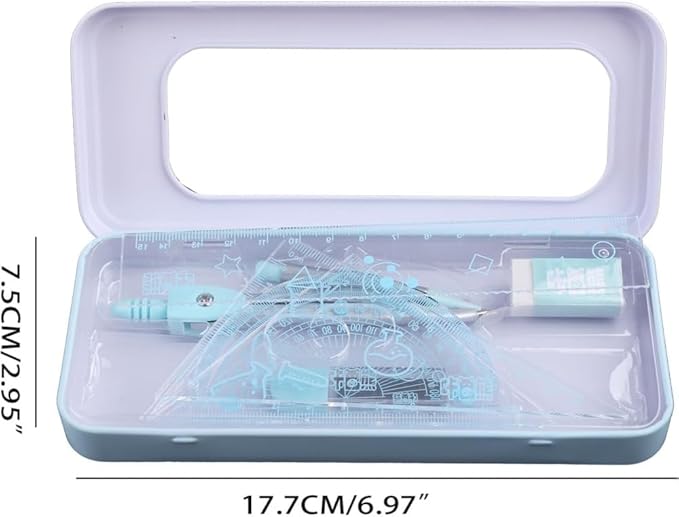 7Pcs Compass/Math Set for Students with Shatterproof Storage Box, Geometry Set for School, Includes Ruler, Protractor and Compass Set, Pencil Sharpener and Eraser for Drafting Tools