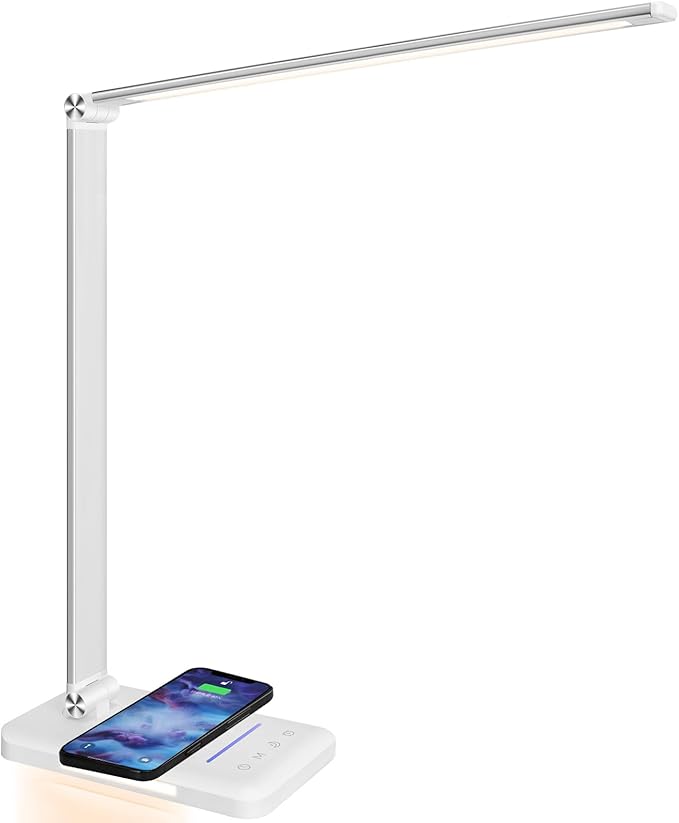 LED Desk Lamp with Night Light, Fast Wireless Charger, USB Charging Port, 10 Brightness, 5 Color Modes, Dimmable Bedside Table Lamp for Bedroom, Touch Control, Auto Timer, 1200Lux Super Bright