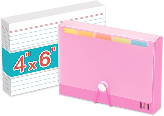 H4D 4x6 Index Card Case with 100 Heavyweight Ruled Index Cards and Dividers, Pink