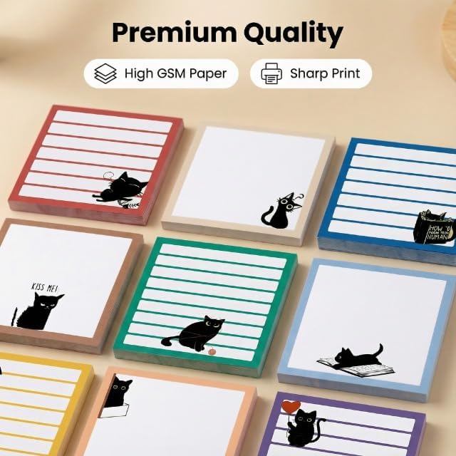 Cute Sticky Notes 9 Pack, 3x3 Inch Adhesive Memo Pads 450 Sheets, Lined and Blank, Kawaii Kitten Stationery, Funny Cat Lover Gifts for Women, Office Desk School Supplies