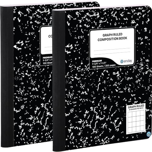 Enday Quad Ruled Composition Notebook (2 Pack) Quad Ruled Black Marble Composition Notebook 200 Pages (100 Sheets), 4x4 Grid Graph Paper.