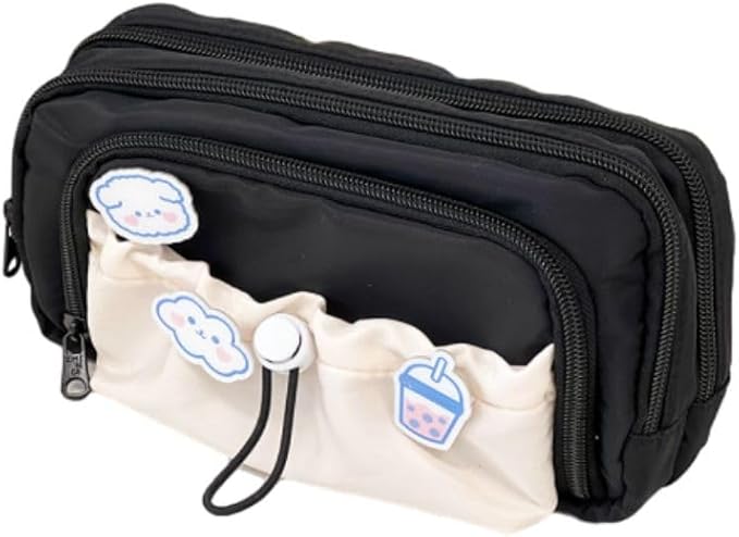 Cute Aesthetic Pencil Case Kawaii Pencil Case with Kawaii Pins Large Pencil Pouch Holder Preppy Supplies (black)