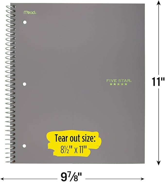 Five Star Spiral Notebook, 5 Subject, College Ruled Paper, 200 Sheets, 11" x 8-1/2", Gray (73637)