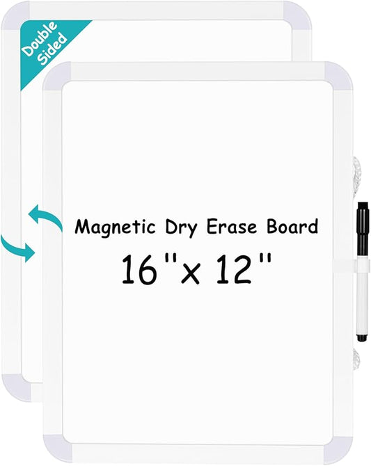 WALGLASS Small Dry Erase Whiteboard, 16" x 12" Magnetic White Board for Wall, Fridge, Locker, Portable Mini White Board for Kids, Students, Hang or Stick Whiteboard for Home, School, Office, Kitchen