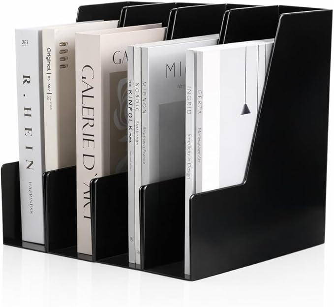 CiWiVOKi Vertical Magazine File Holder, Desk Organizer and Storage for Magazines, Binders, Notebooks, Envelopes, Multi-Purpose Desktop File Organizer for Home, Office & Classroom, 4 Pack, Black