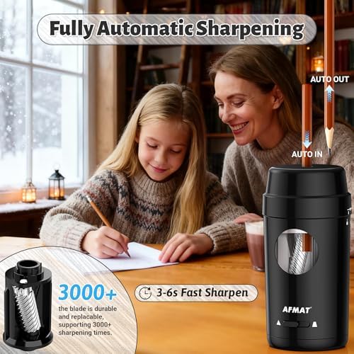 AFMAT Electric Pencil Sharpener, Auto in & Out, Fully Automatic Pencil Sharpener for Colored Pencils, Rechargeable Hands-Free Sharpeners for φ7-8mm Pencils, Good for Classroom/Home PSX8(Black)