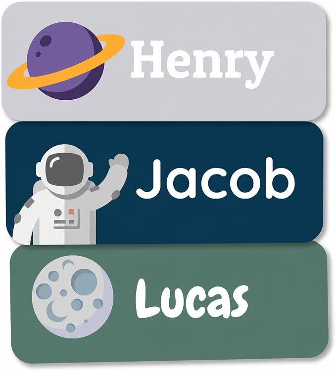 Bunny Badges Personalized Name Labels for Kids (60, 120, or 240 Count) Custom Daycare Labels & Name Stickers for Clothing Tags, Water Bottles, Lunch Boxes and School Supplies (Space)