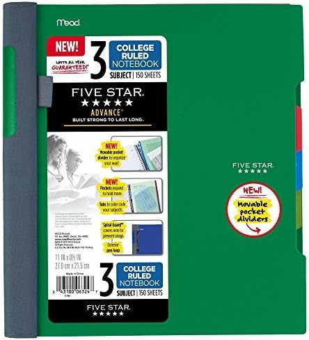 Five Star Advance Spiral Notebook + Study App, 3 Subject, College Ruled Paper, 8-1/2" x 11", 150 Sheets, Spiral Guard, Movable Tabbed Dividers, Seaglass Green (73136)