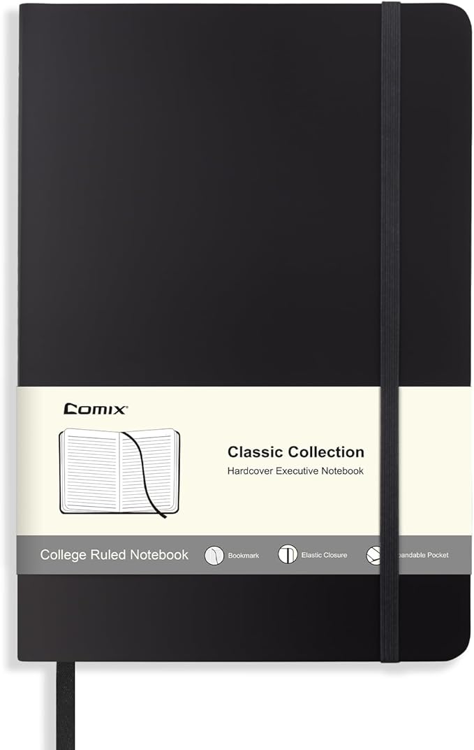 Comix Lined Journal Notebook for Women Men, Journaling Notebooks for Office School Home, 240 Pages, 5.5" x 8.3", College Ruled, A5, Hardcover, Black