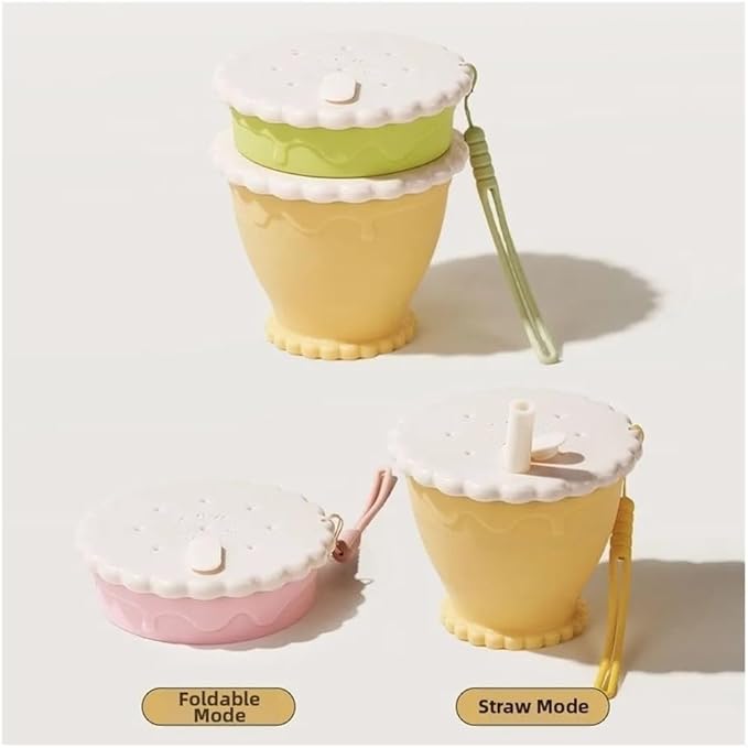255ml Portable Silicone Foldable Coffee Cup, Scalable Mug for Travel, Kitchen and Outdoor Use(Pink-with straw)