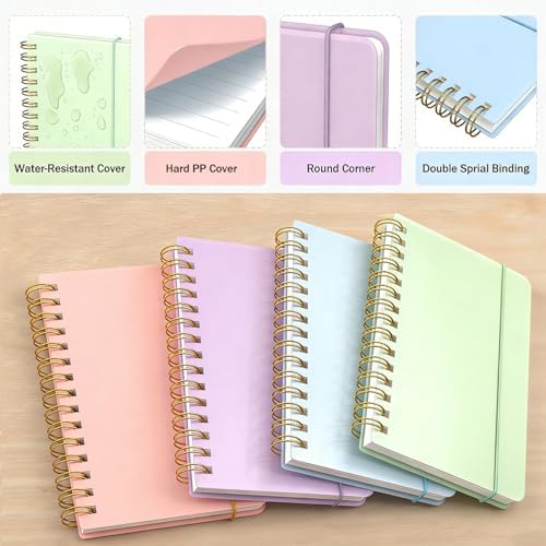 4 Pack 5x7 Small Spiral Notebook, Hardcover Spiral Journal Notebook with Removable Dividers Tabs, Note Books for Note Taking, Work, School, Cute Notebooks with Strap 50 Sheet
