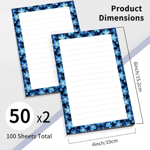 2 Pack Lined Sticky Notes 4x6 in, Cute Self-Stick Notepads with Lines, Large Memo Pads Strong Adhesive for Office, Home Blue Boho Flowers