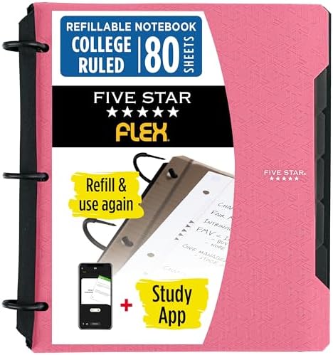 Five Star Flex Refillable Notebook + Study App 1.5 Inch O-Rings Binder with Pockets Tabs and Dividers, 300 Sheet Capacity, Includes 80 Sheets 8.5" x 11" College Ruled Paper, Prom Pink (293240R)