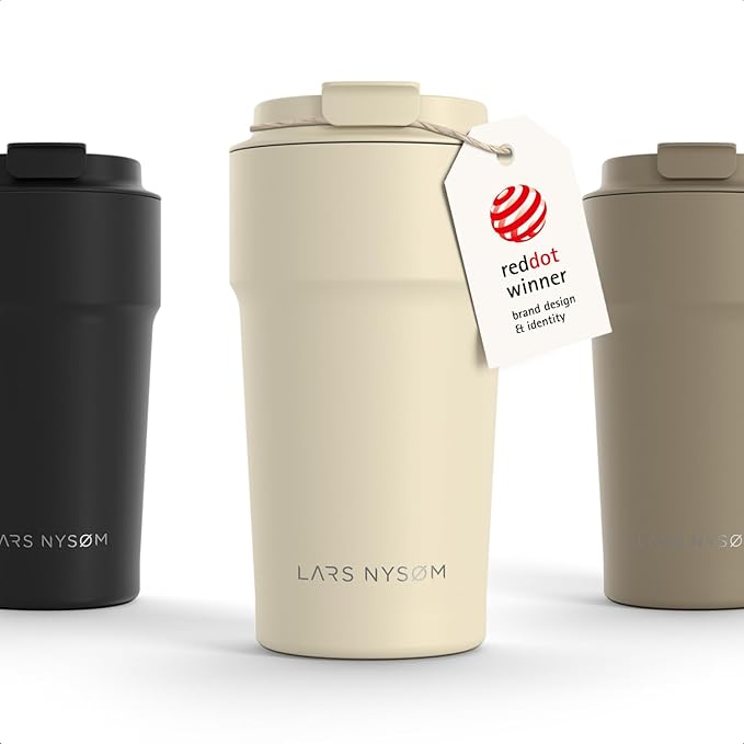 LARS NYSØM Thermo Coffee Mug to go 17oz | Travel Mug 0.5 Liter with Insulation | Silicone grip base | Leak Proof Stainless Steel Tumbler for Coffee and Tea on the Go (Powder Beige, 17oz)