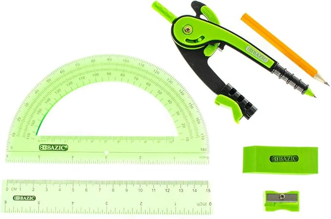 West Coast Paracord 5 Piece School Kit with Zipper Pouch – Colored Compass, Protractor, Ruler, Eraser, Sharpener – Geometry and Math Tool Set (Green)