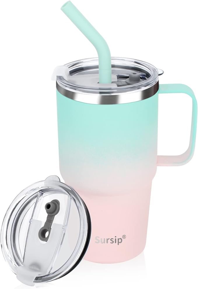 Sursip Insulated Coffee Mug with Handle and Lid, 24 oz Double Wall Vacuum Travel Thermal Coffee Tumbler with Straw for Home, Office Stainless Steel Coffee Cup - Leak proof, BPA Free(Green/Pink-1 Pack)