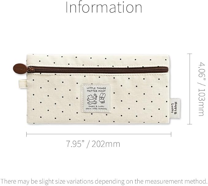 Monolike Happy and Lucky Candy Dot pen case, Ivory - Slim Corduroy Style Cotton Pen Pouch, Cute Aesthetic Pastel Stationery Organizer for Office