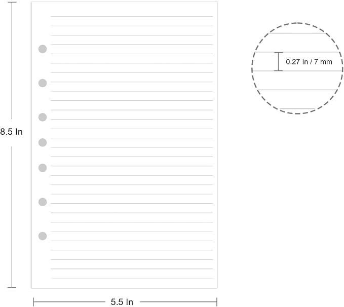 7-Hole Lined Refills Paper, A5 Filler Paper for Planner Inserts, A5 Loose Leaf Paper, 7 Hole Refills, 100 Sheets/200 Pages, College Ruled, 5.5 X 8.5 Inch (White Paper, 100 Sheets)