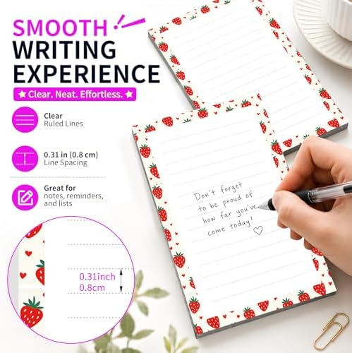 Lined Sticky Notes 4x6 in, 2 Pack Large Cute Notepads with Lines Self-Stick Note Pad, Funny Memo Pads Strong Adhesive for Office, Home Cute Red Strawberry