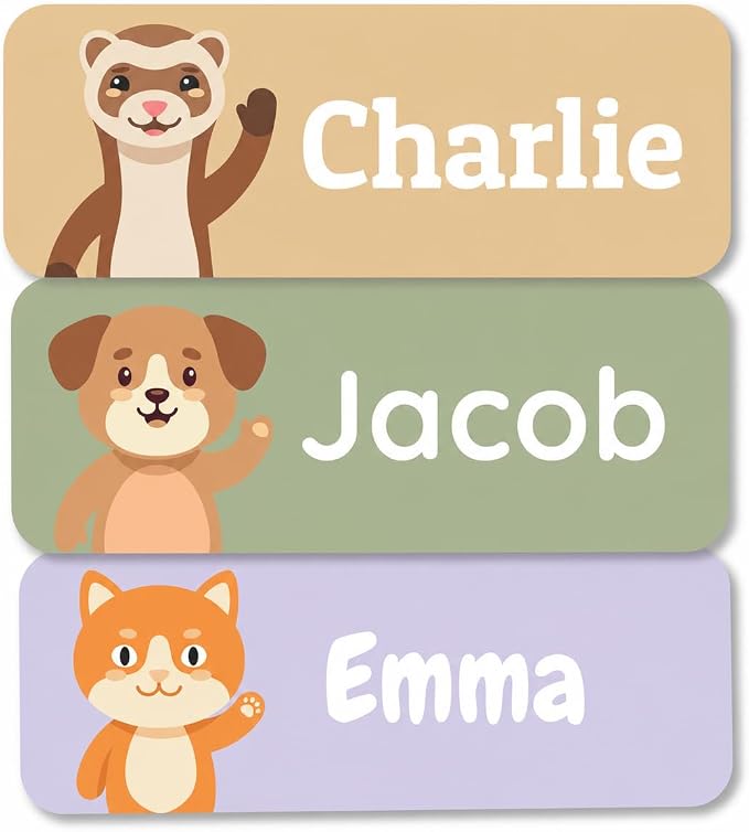 Bunny Badges Personalized Name Labels for Kids (60, 120, or 240 Count) Custom Daycare Labels & Name Stickers for Clothing Tags, Water Bottles, Lunch Boxes and School Supplies (Pets)