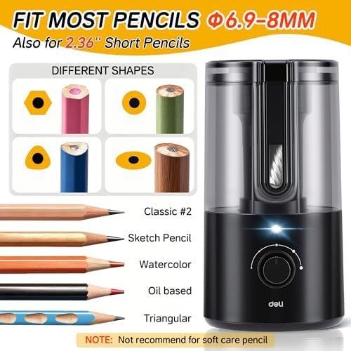 Deli Electric Pencil Sharpener, Fully Automatic Pencil Sharpener for 6.9-8mm No.2 & Colored Pencils, Auto in & Out, Rechargeable Hands-Free Sharpener for Classroom, Home, Office, Black