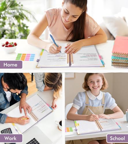 5 Subject Graph Paper Notebook with Removable Dividers Tabs, 300 Pages Hardcover Leather Grid Spiral Journal, 8"x10" B5 Large Graphing Notebooks for Women Men Work School College Engineering, Purple