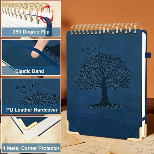 A4 Top Spiral Notebook, Tree Pattern Large Leather Hardcover Left Handed Journal, 240 Pages 100 Gsm Lined Paper Top Bound Steno Pads for Work, School, Travel Writing - Navy Blue, 8.5" x 11"