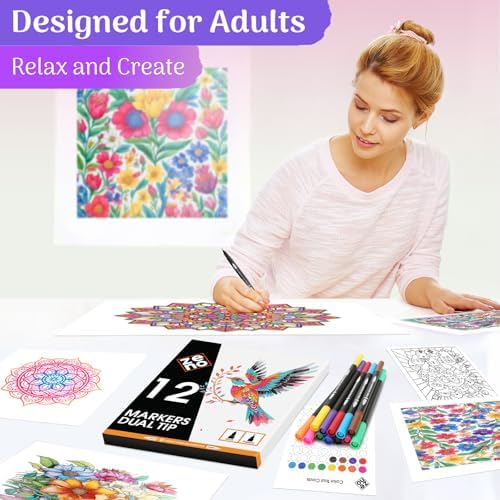 ZENO 12 Dual Tip Markers Set-C – No-Bleed Coloring Markers for Adults – Fine & Brush Tip - Watercolor Pens for Journaling, Coloring Books, and Artists