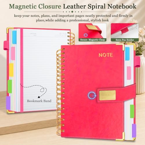 Hardcover Spiral Notebook 8''x 10'' College Ruled Notebook with Magnetic Closure, 300 Pages 5 Subject Notebooks with Pocket Dividers for Work School, B5 Leather Journal for Women, Men (Rose Red)
