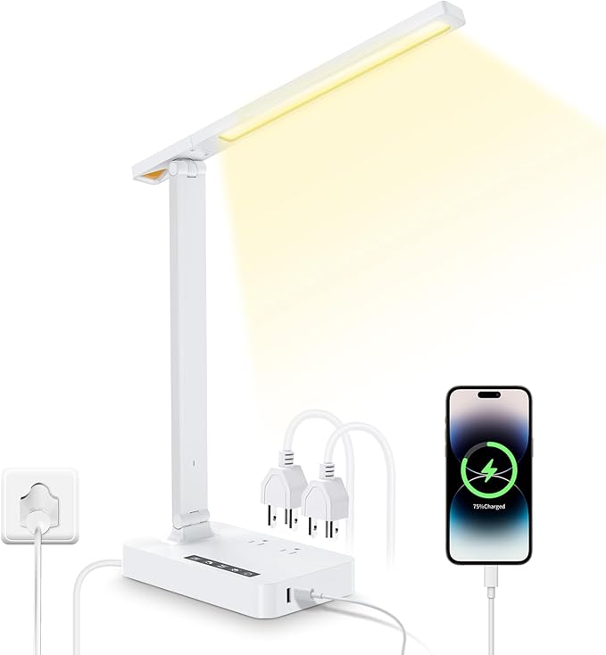 Desk Lamp with USB Charging Port: Table Lamp with Power Strip, Charging Station - 2 Outlets 1 USB-A Ports 1 Type-C Ports, Surge Protection, 5ft Extension Cord, 5 Color Modes 5 Brightness (White)