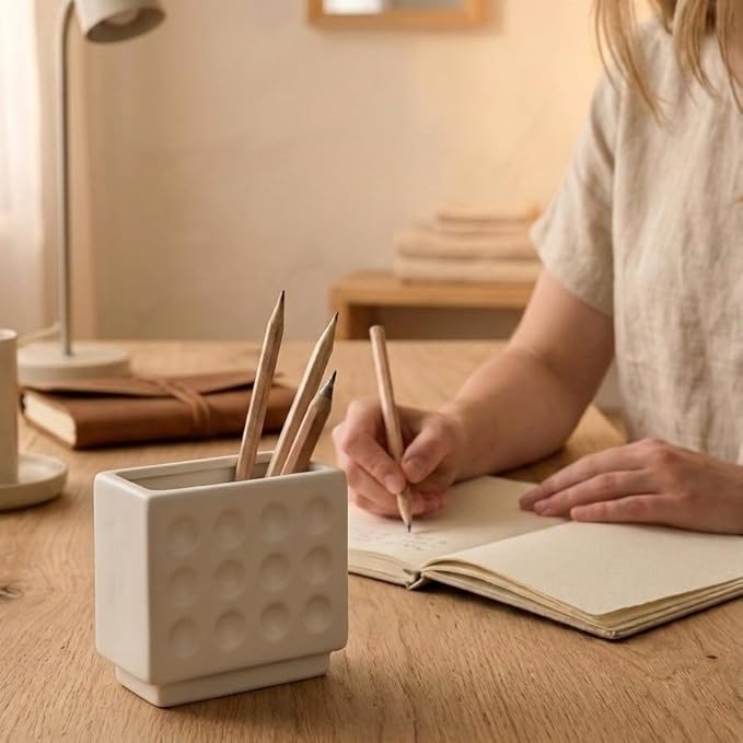 Abstract Square Face Pen Holder, Modern and Minimalistic Desk Accessories (Matte Crème)