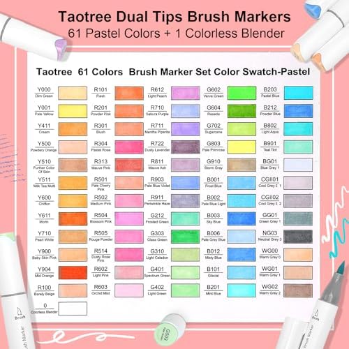 Taotree Alcohol Markers Brush Tip, 61 Pastel Colors Dual Tip Brush Markers