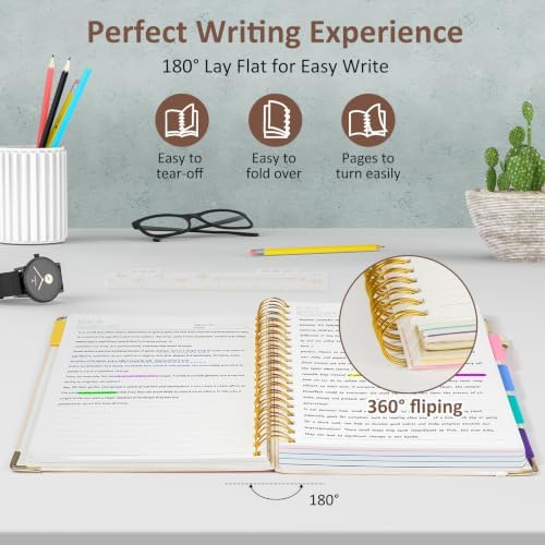 Hardcover Spiral Notebook Journal, 8"x10" Large B5 Notebooks with Removable Dividers Tabs, 300 Pages Leather 5 Subject Notebook College Ruled, Lined Journal for Women Work School Note Taking, White