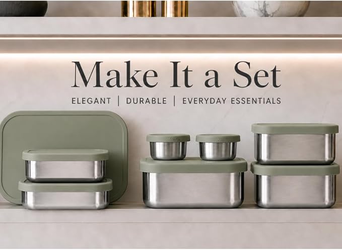 Modaniam Flexibento - Leak proof Stainless Steel Lunch Box,Lunch Containers with Lids,Steel Bento Box,Metal lunch Box,1 * 25 OZ+ 2 * 13 OZ + 2 * 2 OZ,Set Of 5,Sage Set of 5