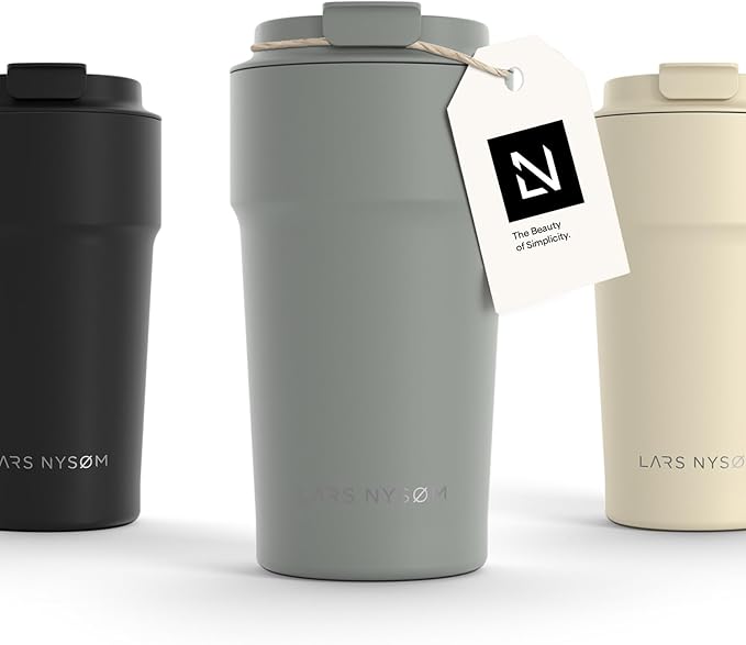 LARS NYSØM Thermo Coffee Mug to go 17oz | Travel Mug 0.5 Liter with Insulation | Leak Proof Stainless Steel Thermal Tumbler for Coffee and Tea on the Go (Ash Gray, 17oz)