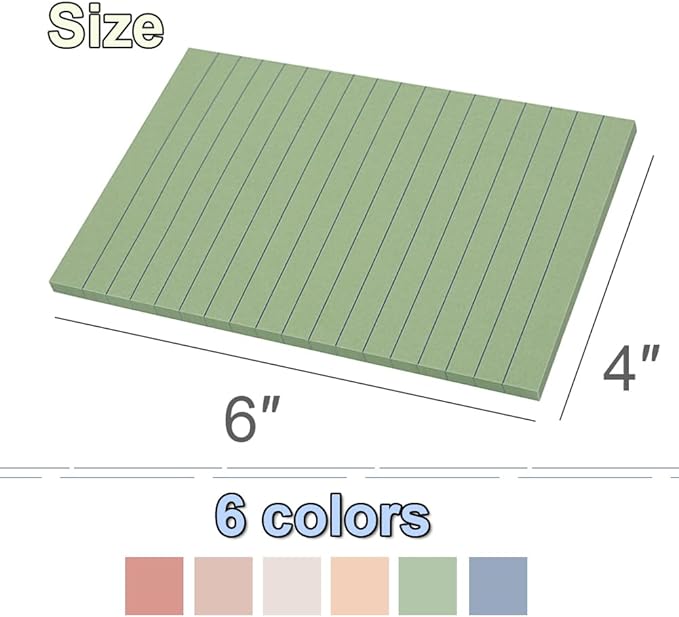 (36 Pack) Lined Sticky Notes 4x6 in,Large Notepads with Lines,Ruled Stickies Super Sticking Power,Office School Memo Note Pads Vintage Colors,Post on Windows Doors,Recyclable,Easy to Write on