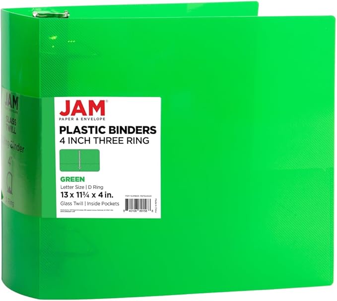 JAM PAPER Plastic 4 inch Binder - Green 3 Ring Binder - Sold Individually
