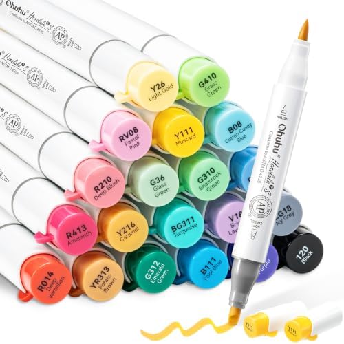 Ohuhu Alcohol Markers 24 Colors Brush& Soft Chisel AP Certified Refillable