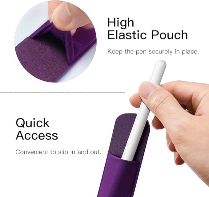 MoKo Pencil Holder Sticker Fit Apple Pencil Pro, Apple Pencil (USB-C), iPencil 1st/2nd Generation, Elastic Pencil Pocket Pouch Adhesive Sleeve Attached to iPad Case for Stylus Pens, Deep Purple