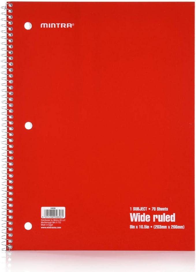 Mintra Office Spiral Notebooks Set - Primary Colors, Wide Ruled, Journals for School, Work, Business, Aesthetic Stationery, Writing Pads, Teacher & Student Supplies, 70 Sheets Each, 6-Pack