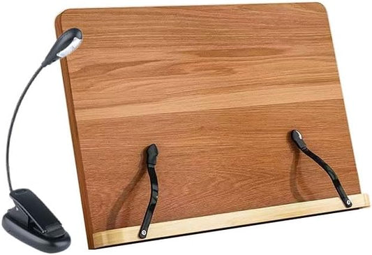 Adjustable Reading Book Stand, Foldable Wooden Book Holders Tray, Portable Reading Bookshelf for Students Reading Drawing Cookbooks Music Score Laptops, Oak Grain (with Clip & Reading Light)