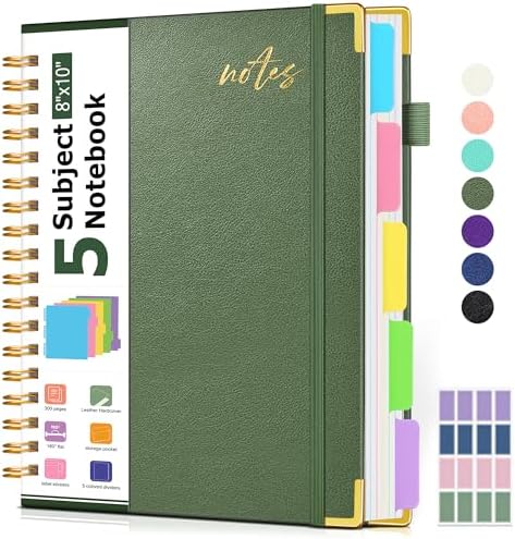 Hardcover Spiral Notebook Journal with Removable Dividers Tabs, 300 Pages Organizer Notebooks for Work School, Leather 5 Subject Notebook College Ruled, 8"x10" Large Lined Journal for Women，Sage