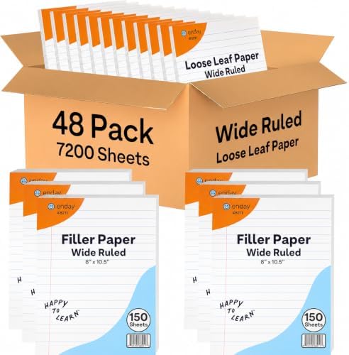 Loose Leaf Paper Bulk, 7200 Sheets, Wide Ruled, (48 Pack) 150 Sheets Per Pack, 8" x 10.5" White Filler Paper, 3 Hole Punched Binder Paper for 3 Ring Binders, Notebook Paper - By Enday