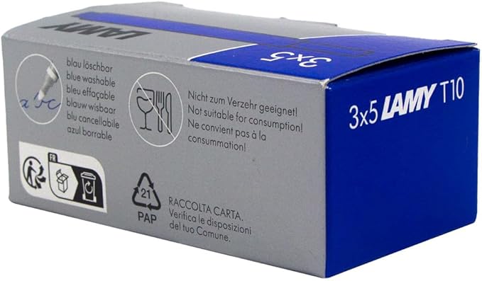 LAMY T10 Set of 3 erasable Ink cartridges with Large Ink Capacity - Suitable for All Lamy Fountain Pen Models - Contents 1.25 ml per Cartridge - 5 Pieces per Pack - Ink Color Blue