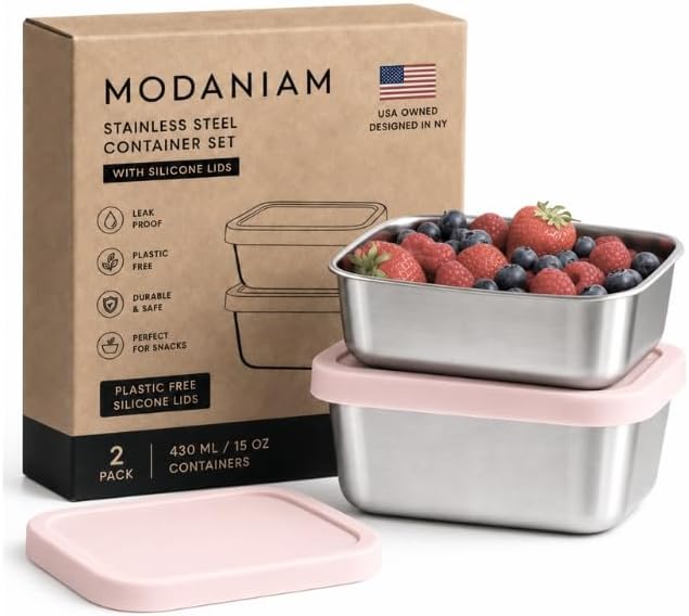 Modaniam Flexibento - Leak proof Stainless Steel Snack Containers with Silicone Lids, Pink Set of Two: 2 * 14 OZ