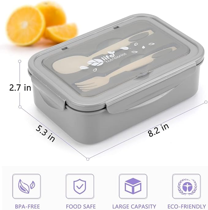LOVINA Bento Box for Adults-1100ML Bento Lunch Box Container For Kids Teens | Built-in Spoon & Fork - Durable Perfect Size for On-the-Go Meal, BPA-Free and Food-Safe Materials(Grey)